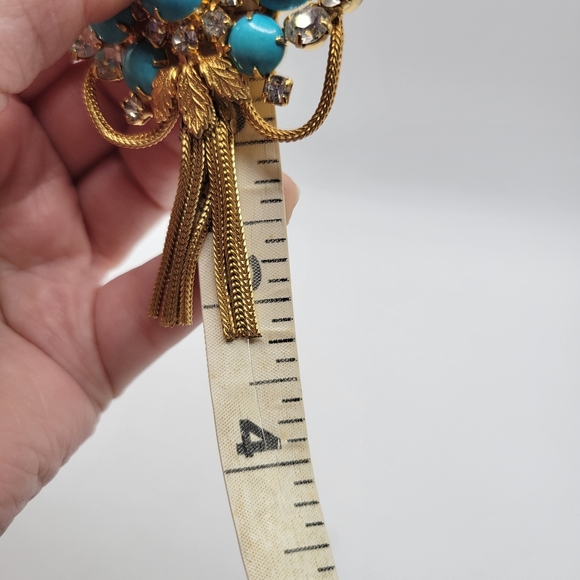 VTG Faux Turquoise & Clear Rhinestones Tassel Brooch | Juliana? Schreiner? - Picture 10 of 10